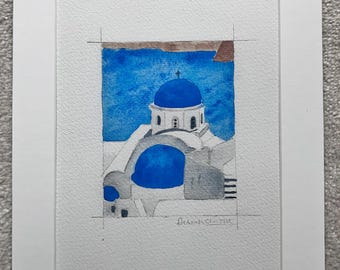 Original art print, watercolour print, Greek church and sea, Greek church watercolour painting, Santorini print, Cyclades church