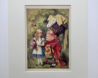 Alice in Wonderland Vintage Lithograph, 1957 Tenniel Illustration, Mounted Print