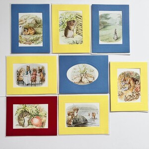 May include: A collection of eight framed illustrations featuring scenes with animals in a storybook style. The frames are in various colors, including blue, yellow, and red. The illustrations depict animals in natural settings, with detailed artwork and vibrant colors.