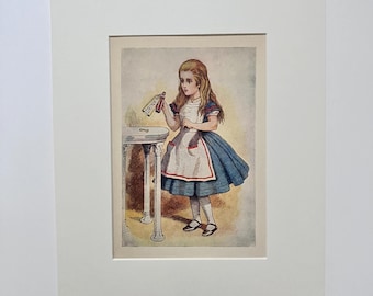 Alice in Wonderland 1957 original page lithograph, Alice’s Adventures in Wonderland, Alice ‘Drink Me’ vintage mounted print