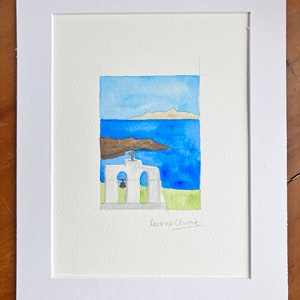 Original art, original watercolour, Greek church and sea, Greek watercolour painting, small original watercolour, Cyclades church, Santorini