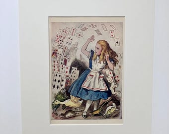 Alice in Wonderland 1957 original page lithograph, Alice’s Adventures in Wonderland, Alice and the Deck of Cards vintage mounted print