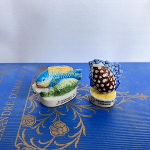 Antique fèves, Marine Life French porcelain Galette des Rois Epiphany cake miniature figures, parrot fish and cowry shell