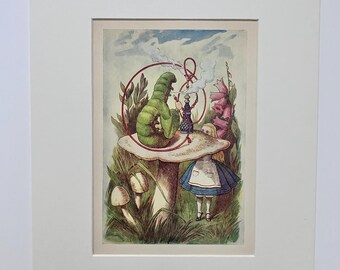 Alice in Wonderland 1957 Lithograph Print, Alice and Caterpillar Mounted Art