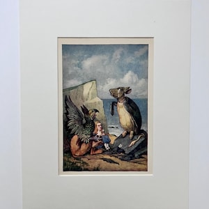 May include: A vintage illustration of Alice from Alice in Wonderland sitting with a Gryphon and a Mock Turtle. The Gryphon is a mythical creature with the head and wings of an eagle and the body of a lion. The Mock Turtle is a turtle with a human-like face. The illustration is set against a backdrop of a rocky cliff and a blue sky with white clouds.