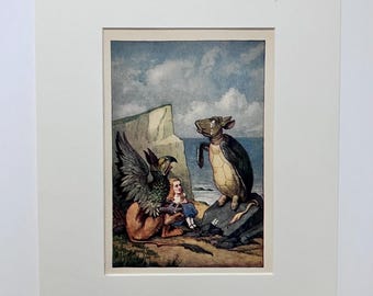 Alice in Wonderland Vintage Lithograph, Mock Turtle and Gryphon Mounted Print