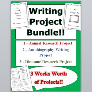 Op de afbeelding: Groene en witte printbare schrijfprojectbundel voor kinderen. De bundel bevat drie projecten: Dierenonderzoeksproject, Autobiografisch Schrijfproject en Dinosaurusonderzoeksproject. De tekst "3 weken vol projecten!" staat in een spreekballon.