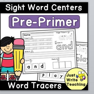 May include: Black and white printable worksheet for kids to practice tracing and writing the sight words "and" and "play". The worksheet includes sections for tracing, coloring, cutting, and pasting the words. The worksheet is part of a set of sight word centers for pre-primer students. The worksheet is titled "Sight Word Centers Pre-Primer Word Tracers".