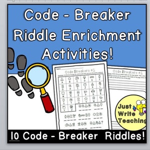 May include: A blue and white printable worksheet with the title "Code Breakers #1". The worksheet features a code-breaking activity with a grid of letters and symbols. The worksheet is part of a set of 10 code-breaker riddles.