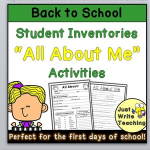 May include: Back to School Student Inventories "All About Me" Activities. A colorful printable worksheet with a cartoon girl and the text "All About Me" on it. Perfect for the first days of school.