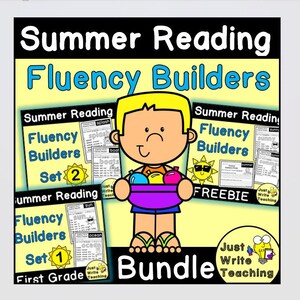 Könnte beinhalten: Ein farbenfrohes Bundle mit Sommerlesefluss-Trainern für die erste Klasse. Das Bundle enthält zwei Sets mit Lesefluss-Trainern, ein Gratisprodukt und eine Comic-Illustration eines Kindes, das eine Schüssel mit Strandbällen hält. Der Text auf dem Bild lautet "Summer Reading Fluency Builders Bundle".