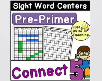 Könnte beinhalten: Eine farbenfrohe Bildungsressource mit dem Titel "Sight Word Centers" mit den Texten "Pre-Primer" und "Connect 5". Das Bild enthält zwei Sichtworttafeln und eine Cartoon-Illustration eines Kindes. Das Logo "Just Write Teaching" ist ebenfalls sichtbar.