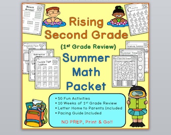 Summer Math Packet Rising Second Grade (First Grade Review) 50 sheets! Distance Learning