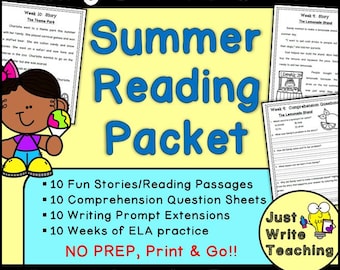 May include: A Summer Reading Packet for rising second grade students featuring 10 reading passages, comprehension sheets, and writing prompts. The cover includes a cartoon character, sample worksheets, and the text Just Write Teaching.