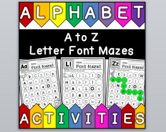 Letter Font Mazes - Alphabet Activities - A to Z Practice (26 sheets!)
