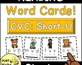 Può includere: Flashcard educative per la pratica della lettura. Le carte presentano parole CVC con suoni brevi di U, tra cui "pup", "mud", "tux" e "cub". Ogni carta ha un'illustrazione e una freccia. Il titolo "Reading Word Cards!" è visualizzato.