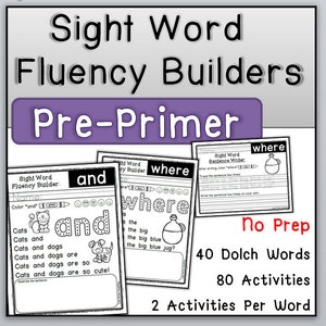 Könnte beinhalten: Schwarz-weiße druckbare Arbeitsblätter zum Unterrichten von Sehwörtern für junge Lernende. Die Arbeitsblätter zeigen die Wörter "and" und "where" und beinhalten Aktivitäten wie Ausmalen, Nachzeichnen und Schreiben von Sätzen. Der Titel der Ressource lautet "Sight Word Fluency Builders Pre-Primer" und umfasst 40 Dolch-Wörter und 80 Aktivitäten mit 2 Aktivitäten pro Wort.