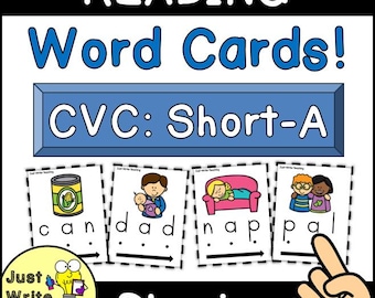 Può includere: Flashcard educative per esercitarsi nella lettura. Le carte presentano le parole "can", "dad", "nap" e "pal" con illustrazioni corrispondenti. Il titolo "Reading Word Cards!" e "CVC: Short-A" sono visualizzati in blu. È visibile anche la parola "Phonics".