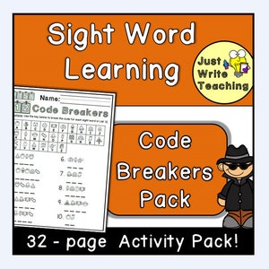 Puede incluir: Un paquete de actividades imprimible para enseñar palabras de vista. El paquete incluye 12 páginas de descifrador de códigos con una clave para descifrar las palabras. La portada presenta un detective de dibujos animados con el texto "Code Breakers Pack" y "32-page Activity Pack!"