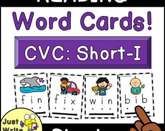 Può includere: Schede di parole educative per esercitarsi nella lettura. Le schede presentano illustrazioni e parole come "fin", "fix", "win" e "bib". Il titolo "Reading Word Cards!" e "CVC: Short-I" sono visualizzati in alto. La parola "Phonics" è in basso.