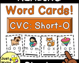 May include: Educational word cards for reading practice. The cards feature illustrations of a dog, mom, fox, and top, with the corresponding CVC words below. The title reads "Reading Word Cards! CVC: Short-O".