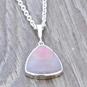 Pink agate sterling silver pendant triangle design - handmade