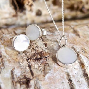 Mother-of-Pearl Sterling Silver Gift Set - Necklace & Stud Earrings Set - Handmade in the Peak District