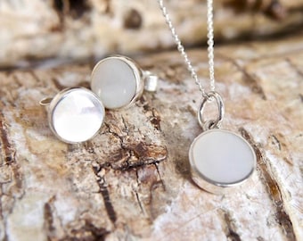 Mother-of-Pearl Sterling Silver Gift Set - Necklace & Stud Earrings Set - Handmade in the Peak District