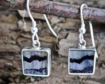 May include: A pair of square silver earrings with a unique stone inlay. The stone features a pattern of black and gray lines against a light gray background. The earrings are suspended from a silver hook.