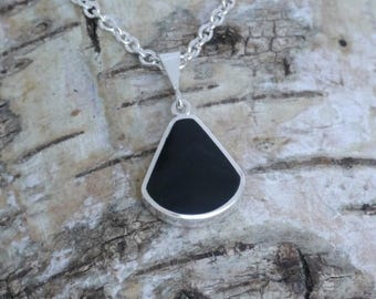 Whitby Jet & Amethyst Fan Shaped Double Sided Sterling Silver Pendant - Handmade in the Peak District