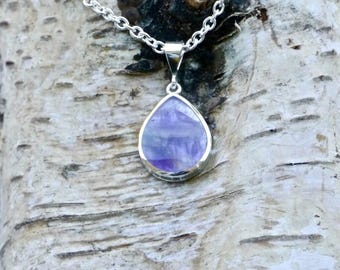 Whitby Jet and Amethyst Pear Shaped Double Sided Sterling Silver Pendant - Handmade in the Peak District