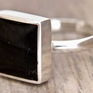 Whitby jet ring - handmade sterling silver square ring set with whitby jet
