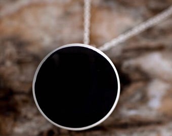 Whitby Jet Round Sterling Silver Pendant with chain - Handmade in the Peak District