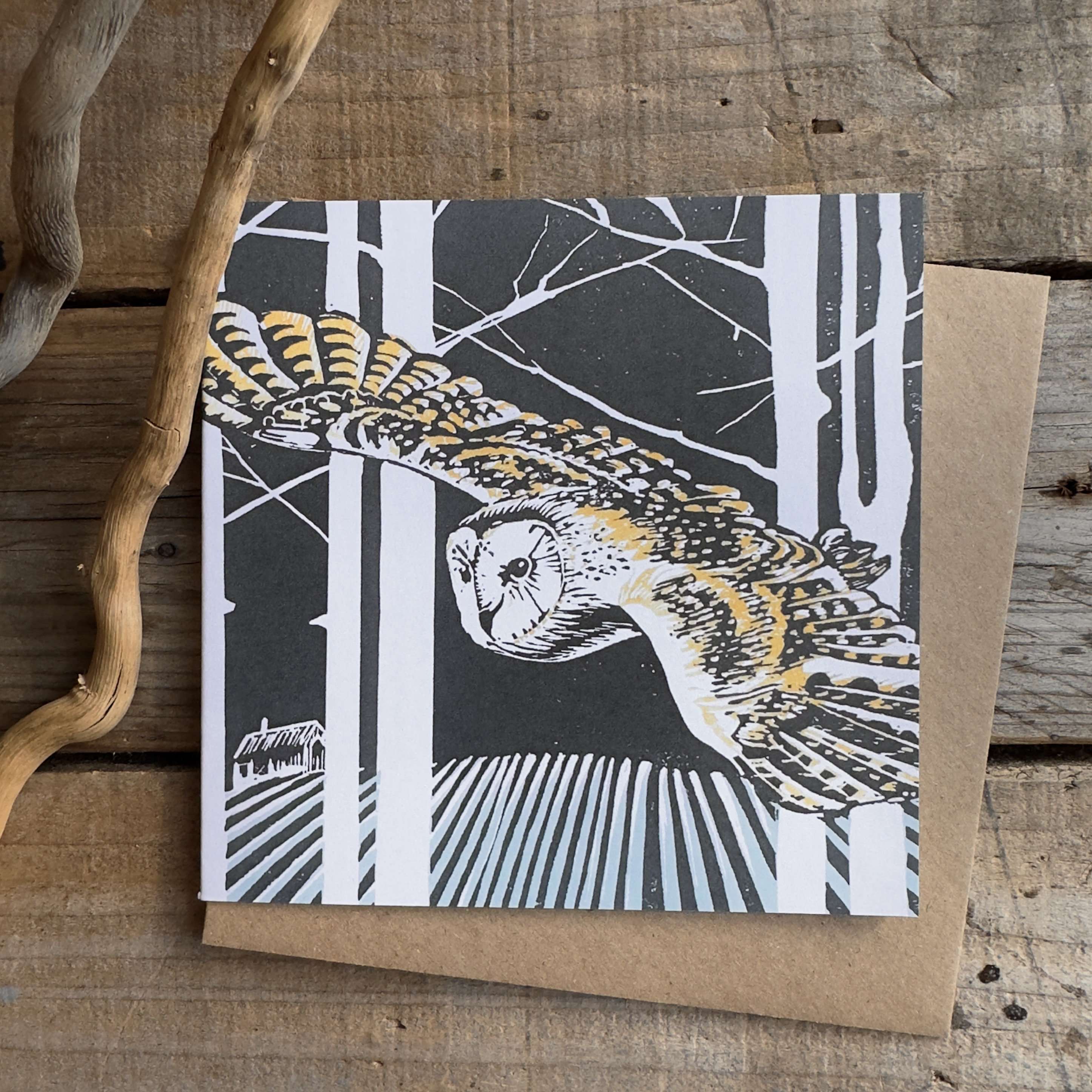 Barn Owl Greeting card.Digital Reproduction from my original Owl Lino Print.Woodland,Fields,Winter S
