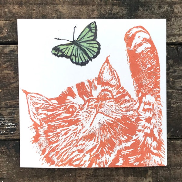 Lino Print Cat Card.Chasing Butterflies - Hand Printed! Eco Friendly Card.Original Print.Cat Lover.Feline Card.15x15cm