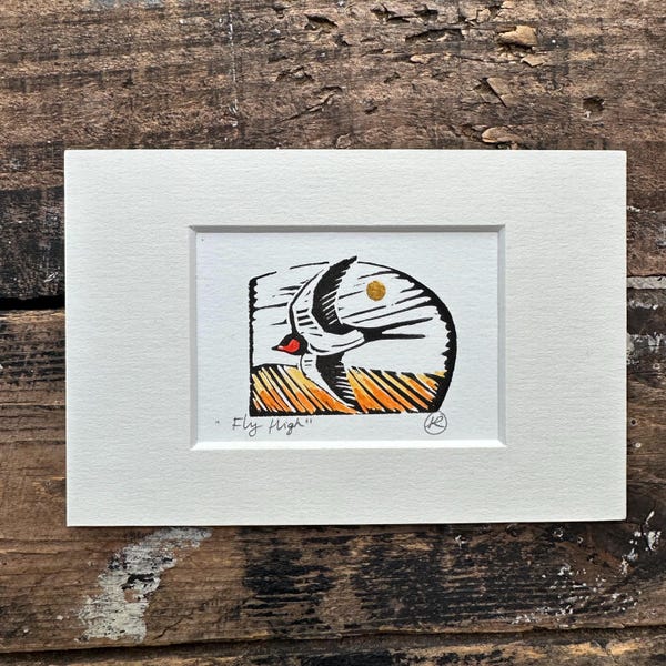 Lino Print, Swallow Flying Over Field.Hand Printed, Hand Finishing.Mini Mounted Nature Inspired Linocut.Lovely Gift.Wall Art Print.6”X4”