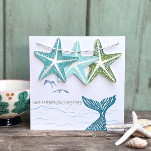 Mermaid Christmas Card.Coastal Christmas.Hand Printed Starfish Linocut.Mermaidcore.Detachable Mini Bunting!Sea Lover,Sustainable Eco Card