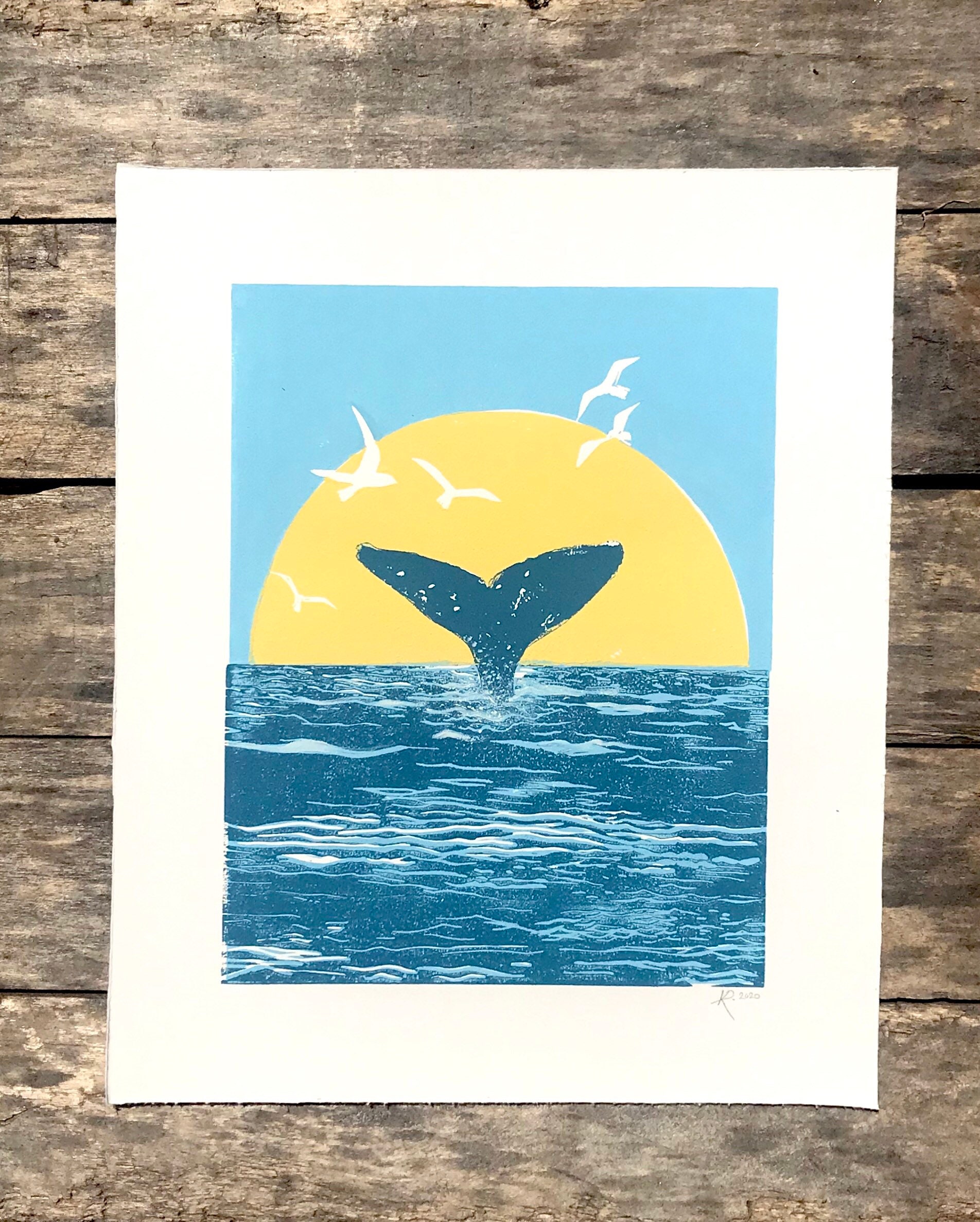 Lino Print Whale diving under a sunset sky.Original Linocut Etsy