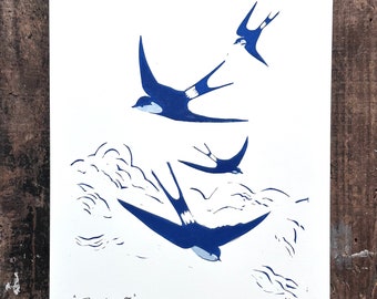 Lino Print Swallows.”Freedom II”Birds & Blue Cloud Wall Art. Blue/White Home Decor.Nature Wall Print. Hand Printed.Somerset 250gsm Paper.