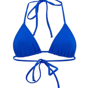 May include: A bright blue triangle bikini top with adjustable straps. The top is made of a smooth, stretchy fabric.