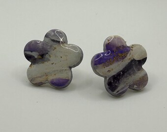 Marbled Flower Stud Earrings, Purple Gold Shimmer Polymer Clay, Everyday Jewelry