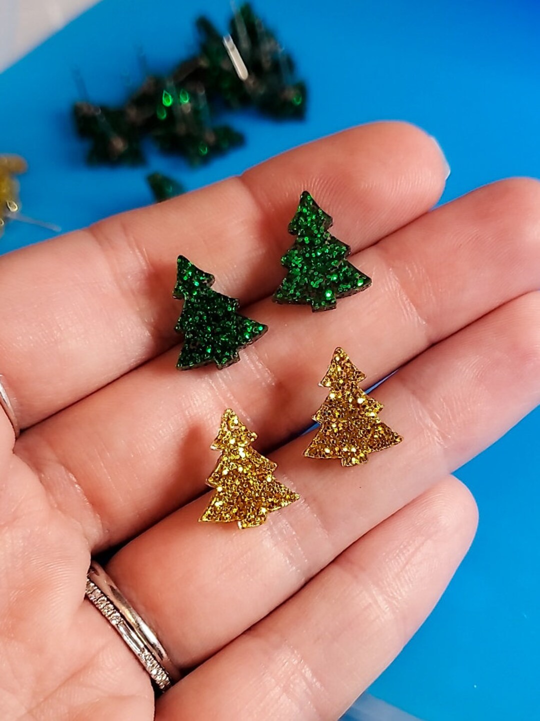 Christmas Tree Earring Stud Made With Glitter Acrylic and Etsy