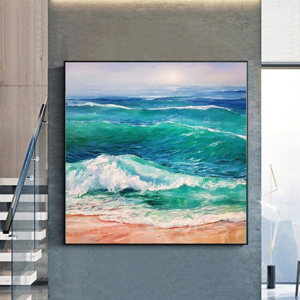 Smaragd Meer, Original Ölgemälde auf Leinwand, Grüne Wandkunst, Maritime Wanddekoration, Landschaft Wohnzimmer, Kunst Modern Impressionismus 2022.