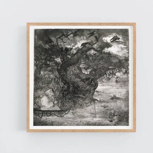 Grote oude boom Fantasie Landschap gravure Viskunst Print Origineel Schilderij Landschap Wandkunst Moderne kunst Handgemaakt kunstwerk 2020.