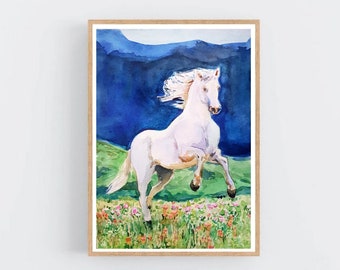 White Horse Original watercolor painting Landscape Mountains  Miniature  Animal art 2021 Horse wall art.