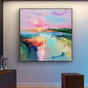 Lake abstract landscape, Large Original oil painting on canvas, Modern Impressionism, Pink sunset, Living room wall art, Fine art 2024. image 1