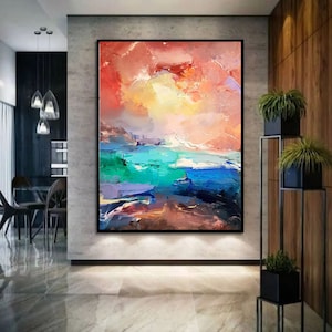 Sunset sea painting Original impasto oil art Ready to hang Large seascape artwork Turquoise Landscape Ocean power  Nautical Wall art.