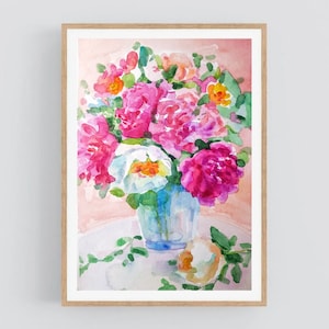 Peonie rosa Dipinto ad acquerello originale Arte floreale Bouquet di fiori Illustrazione di peonia Wall art Regalo per la mamma Fine art 2021.