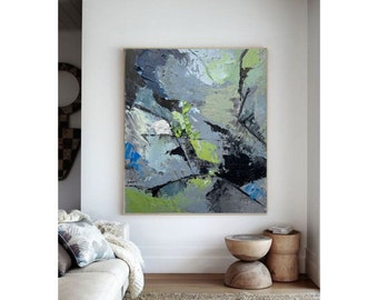 Large abstract olive wall art, Original oil painting, Ready to hang, Colorful landscape.