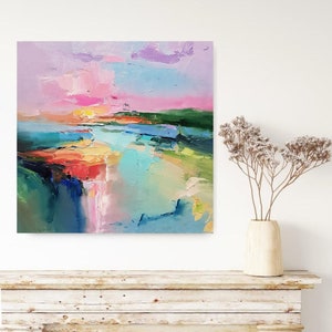 Lake abstract landscape, Large Original oil painting on canvas, Modern Impressionism, Pink sunset, Living room wall art, Fine art 2024. image 6